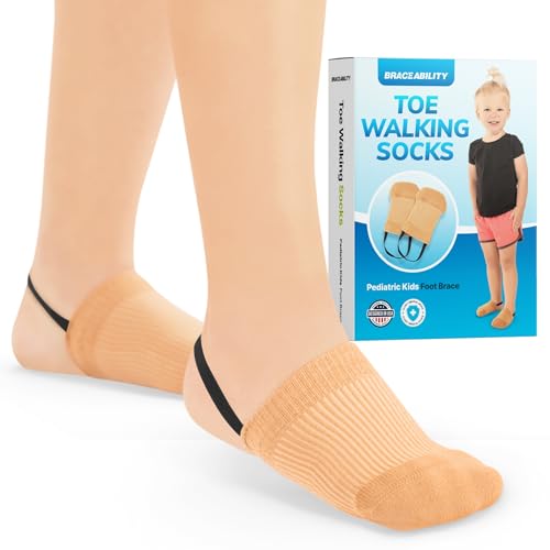 BraceAbility Toe Walking Socks (Pair) - Pediatric Kids Foot Brace for Comfortable Tip Toe Walking Prevention and Correction for Children and Toddlers, Cerebral Palsy Equipment, ADHD Support (L - Beige)