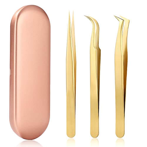 Etercycle High Precision Lash Tweezers Set - Includes 3 Stainless Steel Eyelash Tweezers for Classic Individual and Volume Lash Extensions. Complete with Storage Box