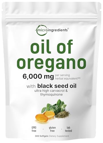 Micro Ingredients Oil of Oregano Softgels 6000mg Per Serving, 300 Count | 2 in 1 Formulated with Black Seed Oil 200mg, 4X Strength Carvacrol & Thymoquinone | Plant Based, Non-GMO & Immune Support