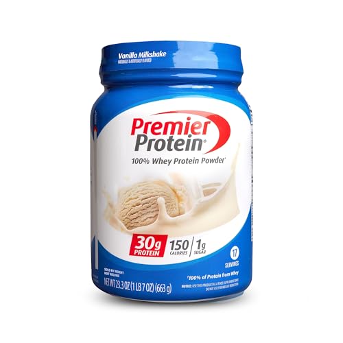 Premier Protein Powder, Vanilla Milkshake, 30g Protein, 1g Sugar, 100% Whey Protein, Keto Friendly, No Soy Ingredients, Gluten Free, 17 Servings, 23.3 Ounces