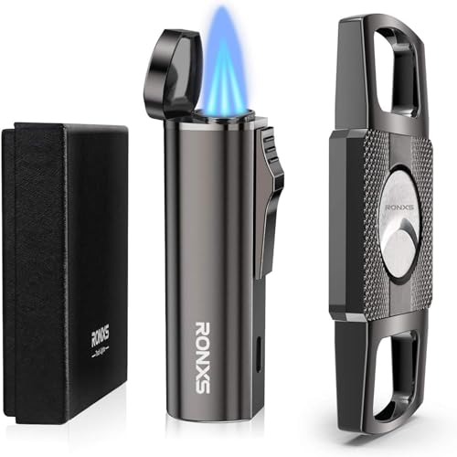 RONXS Cigar Lighter and Cutter Set, Adjustable Jet Flame Torch Lighter and Cigar Cutter, Windproof Cigarette Lighters, Great Gift Idea for Father's Day and Birthday (Butane Gas Not Included) (Black)