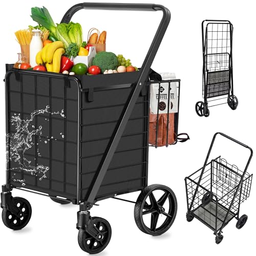 Spurgehom Grocery Cart on Wheels Folding Shopping Carts for Groceries 140L Jumbo with Removable Liner and Double Basket, 360° Rolling Laundry Cart Lightweight Trolley for Seniors 400 LBS Capacity