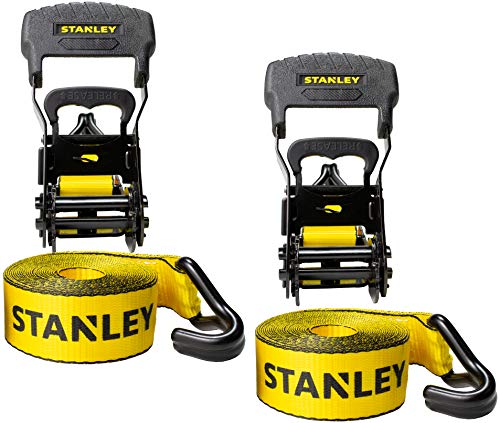 STANLEY S1007 Black/Yellow 1.5" x 16' Ratchet Tie Down Straps - 1,100 lb Safe Working Load / 3,300 lb Break Strength, 2 Pack