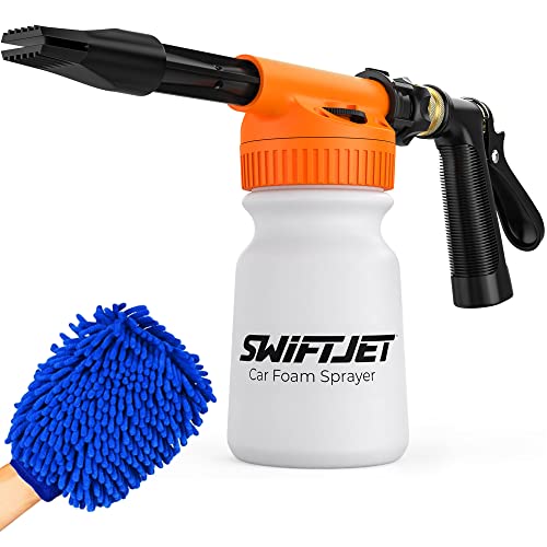 SwiftJet Car Wash Foam Gun + Microfiber Wash Mitt - Car Foam Sprayer - Car Wash Kit - Foam Cannon Garden Hose Sprayer - - Car Accessories for Men - Snow Foam Blaster (Orange Foam Gun with Mitt)