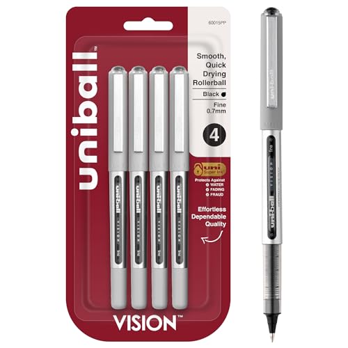 Uni-Ball Vision Rollerball Black Pens Pack of 4 - Fine Point Journaling Pens, 0.7mm Medium Black Ink - Teacher Pen, Smooth Writing Japanese Pens, School Supplies