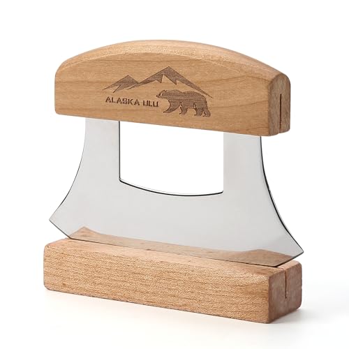 WIUCYS 5inch Alaskan Mezzaluna Ulu Knife, Salad Veggies Rocker Chopper Slicer Cutter Hashing Chopping Mincing Cleaver with Wooden Stand Arthritic Tool