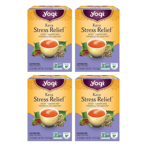 Yogi Tea Kava Stress Relief Tea - 16 Tea Bags per Pack (4 Packs) - Made with Organic, Caffeine-Free Relaxing Tea - Includes Carob Pod, Indian Sarsaparilla Root, Cinnamon Bark, Ginger Root & More