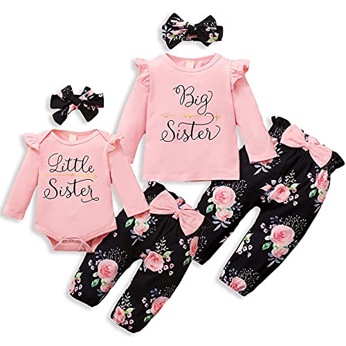 AMAWMW Sister Matching Outfits Pink Ruffle Long Sleeve Shirt Flowers Pants with Headband 3Pcs Clothes Set(Pink-Little Sister, 6-12 Months)