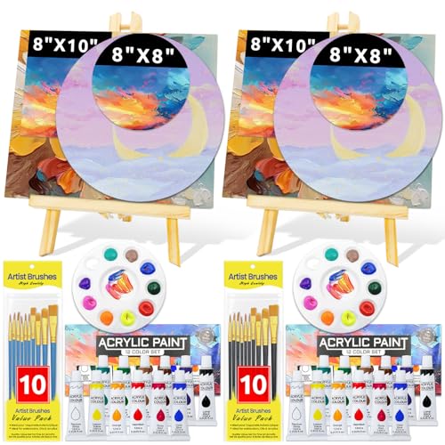 BlissfulBlend Acrylic Paint Set 52 Packs for Adults & Kids 4 Canvas 2 Easel 2 Pcs 12 Colors Acrylic Paints 2 Pcs 10 Brushes 2 Paint Palette Beginners Artist Art Supplies Set