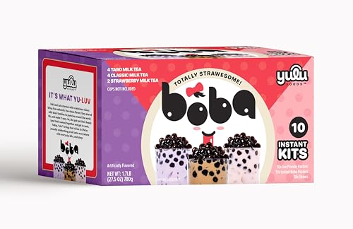 Boba Bundle Kit 10 Serv. Instant Bubble Pearl Variety Milk Tea Kit with Authentic Brown Sugar Tapioca Pearls by Yulu Foods - Ready in Under 1 Minute, Includes Paper Straws - Gift Box, Holiday (Classic, Taro and Strawberry)