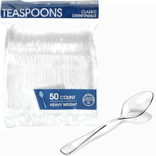 Classic Plastic Teaspoons (50 Count) - Durable Clear Plastic Spoons Heavy Duty, Premium Disposable Spoons for Weddings, Dinners, Everyday Flatware & Party Supplies