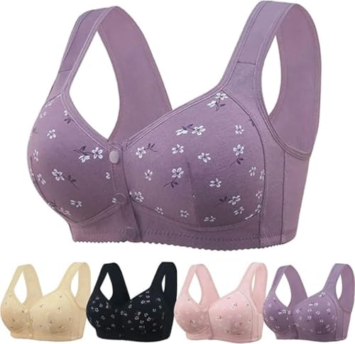 Daisy Bras for Older Women No Underwire Front Closure Comfort Senior Wireless Snap Closing Bra Purple 38C