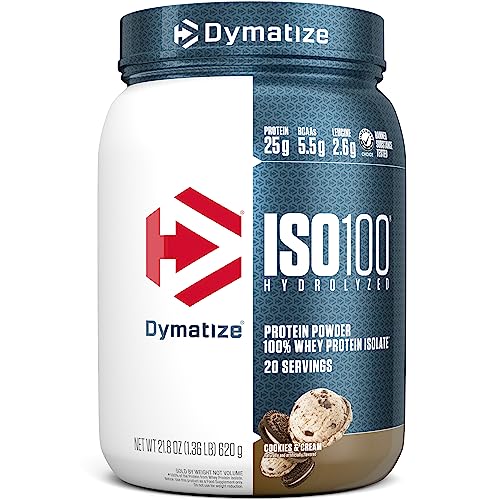 Dymatize ISO100 Hydrolyzed Protein Powder, 100% Whey Isolate Protein, 25g of Protein, 5.5g BCAAs, Gluten Free, Fast Absorbing, Easy Digesting, Cookies and Cream, 20 Servings