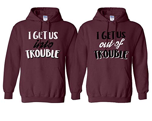 Get Into Trouble Duo Matching BFF Hoodie Sweatshirt Unisex Maroon