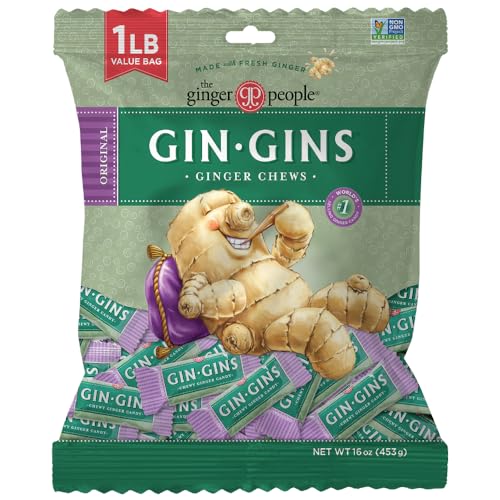 GIN GINS Original Ginger Chews – Natural Fresh Ginger Candy by The Ginger People – Individually Wrapped Healthy Candy – Original Flavor – Large 1 lb Bag (16oz) – Pack of 1