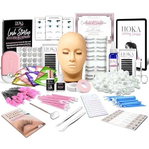 Hoka Lash Eyelash Extension Kit & Training Course and Certification, Professional Lash Extension Kit for Beginners Includes Practice Mannequin Head, Lash Trays, Glue, Tweezers, Fan & More