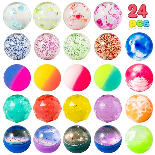 JOYIN 24 PCS Bouncy Balls, 6 Styles 32mm Assorted Bouncy Balls Bulk with Storage Bag, High Bouncing Toys for Kids Party Favors Birthdays Gifts Goodie Bags Stuffers