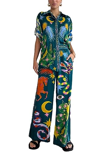 Kumufenc Women's Pajama Set Printed Lounge 2 Piece Outfits Soft Button Down Sleepwear Pants and Top(Blue,M)