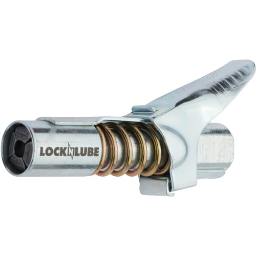 LockNLube Grease Gun Coupler locks onto Zerk fittings. Grease goes in, not on the machine. World's best-selling original locking grease coupler. Rated 10,000 PSI. Long-lasting rebuildable tool.