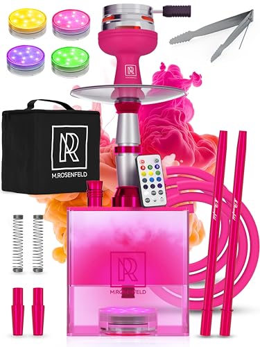 M. ROSENFELD Pink Hookah Set with Everything - Pink Hookah 2 Hose Hookah Set - YADO Square Hookah To Go - Led Cube Acrylic Hookah with Hookah Charcoal Holder and Big Pink Hookah Bowl and Bag for Shisha Juca