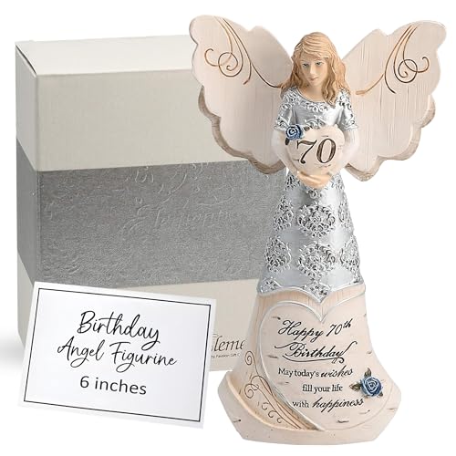 Pavilion 'Happy 70th Birthday' 82416 Elements Angels - Polyresin Birthday Angel Figurine - Silver Hand-Painted Remembrance and Keepsake Gift Angel for Grandmothers, Mothers, Aunts, Friends, Women