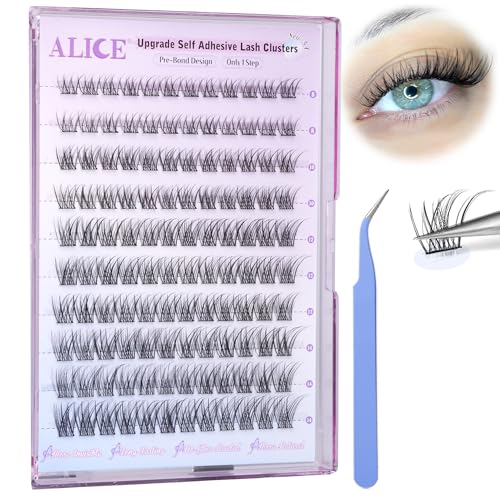 Self Adhesive Eyelashes Reusable Natural Self Adhesive Lash Clusters Wispy Press on Lashes Pre-Glue 10-14mm 120pcs C Curl DIY Eyelash Extensions Kit No Glue Needed with Lash Tweezers by ALICE