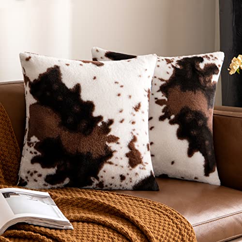 Woaboy Pack of 2 Luxury Faux Fur Throw Pillow Covers Cowhide Decorative Soft Fluffy Plush Couch Throws Brindle Cushion Covers for Couch Living Room Sofa Bedroom 18x18 Inch